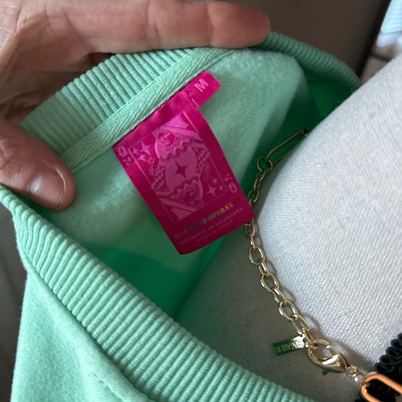 QUEEN OF SPARKLES Mint Green Lucky Clover sweatshirt - Picture 6 of 6